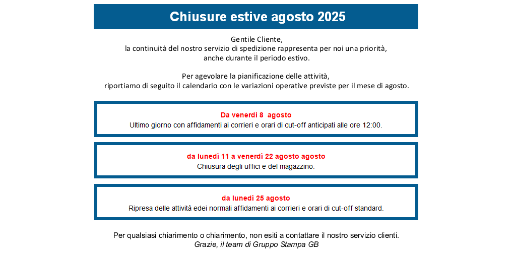 Chiusura estiva Agosto 2025